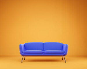 Cozy luxury blue sofa over yellow studio background.