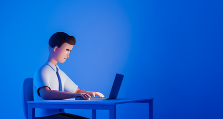 Cartoon character businessman in white shirt and blue tie work on laptop at night in minimal office. Copy space wall.