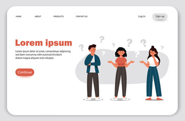 Landing page, a group of people with questions. Vector illustration of communication of people in search of solutions to problems, use in web-projects and applications, collective thinking