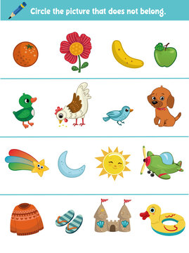 Educational task for children. Circle the picture that does not belong. Vector illustration.
