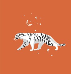 Hand drawn vector abstract stock graphic cartoon illustration with beauty cute celestial trendy wildlife white,moon tiger,moon and stars isolated on color background.Magic Boho clipart elements