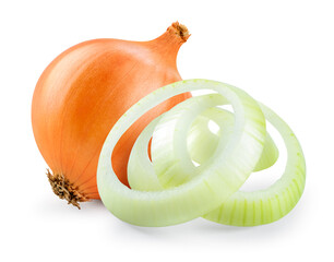 Onion bulb isolated. Whole onion and onion rings on white background. Full depth of field. With clipping path. - obrazy, fototapety, plakaty