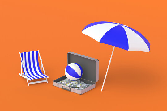 Suitcase with money near beach chair, ball and umbrella. Luxury tourist travel. An expensive vacation. Investing, reinvesting in exotic resorts. Business holidays. 3d render