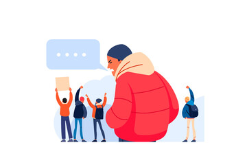 Disaffected man protesting asking for freedom annoyed and frustrated shouting with anger supporting the protests against a backdrop of protesters, activists with placards. Flat vector illustration