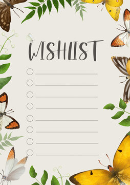 Blank Wishlist Template. Journal Page Layout Design. Spring Wild Colorful Butterflies And Green Leaves Themed Blank, Personal Organizer.