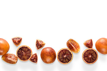 red orange slices on white background with copy space, citrus background, copy space