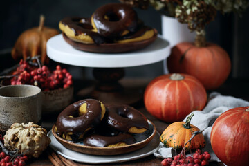 Pumpkin donuts with nutella glaze.