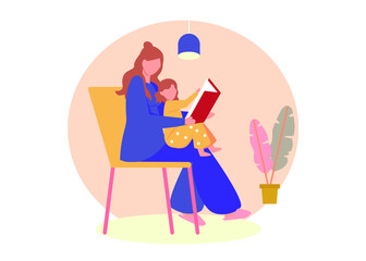 Mother and Daughter Reading Book - Graphic Illustration