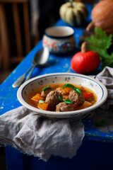 Pumpkin soup with meatball..style rustic