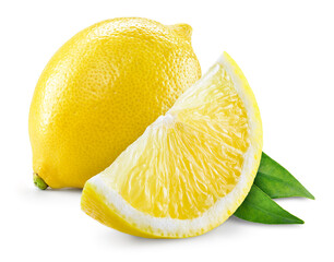 Lemon fruit with leaf isolate. Whole lemon with slice on white. Full depth of field.