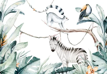 Selbstklebende Fototapeten Watercolor jungle illustration of a lemur and toucan on white background. Madagascar fauna zoo exotic lemurs animal. Tropical design poster © kris_art