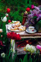 puffs with cottage cheese and rhubarb .outdoor photo