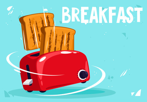 Vector illustration of a red toaster with flying toasted slices of bread, bread for breakfast