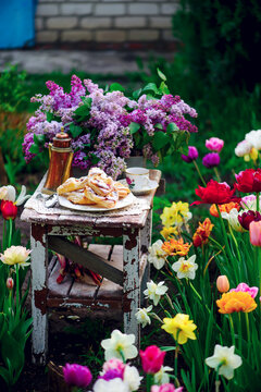 puffs with cottage cheese and rhubarb .outdoor photo