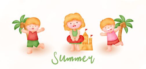  Summer banner with a kid in watercolor