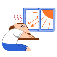 太陽の日差しが暑くて授業に集中できない女子学生
