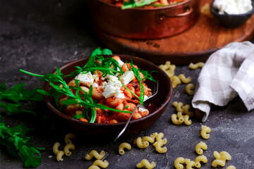 Pasta with chikpea. .style rustic.selective focus
