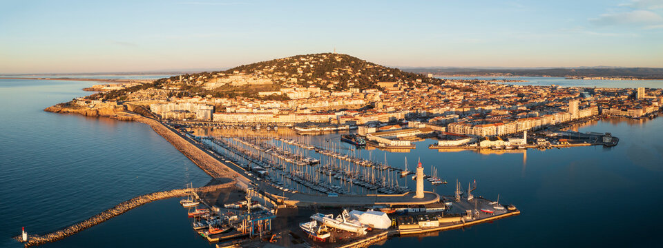 Aerial panorama of the port of Sète at sunrise in Hérault in Occitanie, France