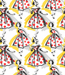 Seamless pattern. Fashion brush graphic. Cute girls in retro flowers dresses of the 50s. Textile composition, hand drawn style print. Vector illustration.