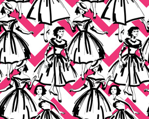 Seamless pattern. Fashion brush graphic. Cute girls in retro dresses of the 50s on a pink geometry. Textile composition, hand drawn style print. Vector illustration.