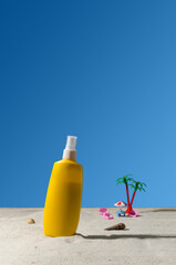 Means for sunburn. The concept of protecting the skin from the sun's rays. Cream, lotion, spray,...