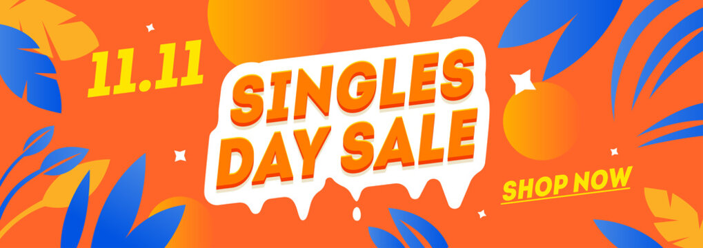 Singles Day Sale Banner Template. 11.11 Global Shopping Day. Holiday Event Horizontal Orange Banner. Happy Shopping Discount Flyer