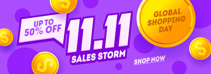 11.11 Shopping Day Purple Banner, Global Shopping World Day. Singles day sale flyer. Vector