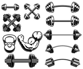 Set of illustrations of weightlifting barbells and dumbells . Design element for logo, label, sign, emblem, banner. Vector illustration - obrazy, fototapety, plakaty