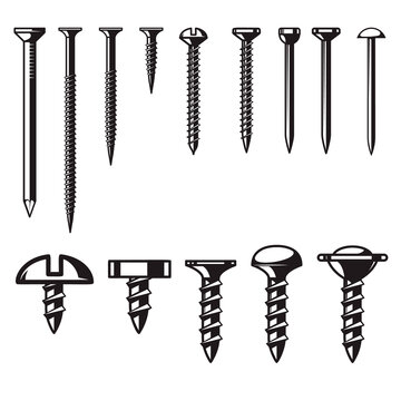Set of illustrations of screws and nails. Design element for logo, label, sign, emblem, banner. Vector illustration
