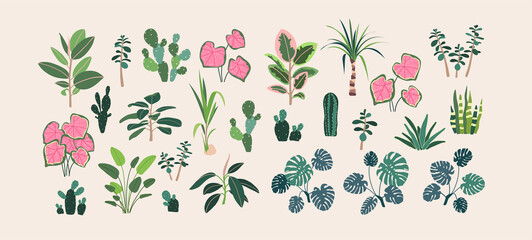 Home plants bundle. Houseplants, flowers isolated. Trendy flat style, urban jungle decor. Hand drawn vector. Set collection. Green, blue, pink, brown, beige pastel colors. Print, poster. Logo, label.