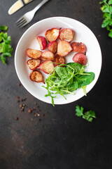 radish fried vegetable original recipe vegetables diet veggie vegan or vegetarian food on the table healthy food meal snack copy space food background rustic top view
