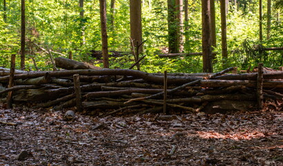 Tree branch woven small fence in the forest surrounding a pick nick place