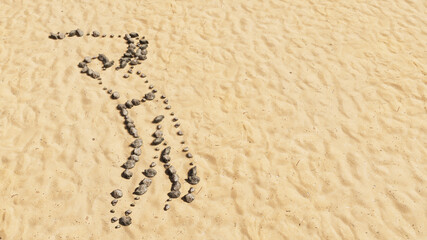 Concept conceptual stones on beach sand handmade symbol shape, golden sandy background, golf player sign. A 3d illustration metaphor for sport, competition, recreation, leisure, lifestyle and hobby