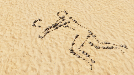 Concept conceptual stones on beach sand handmade symbol shape, golden sandy background, volleyball player sign. 3d illustration metaphor for sport, competition training,  relaxation, family and fun