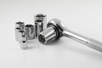 socket Spanner wrench. Made from advanced quality chrome vanadium steel. Strength durability and corrosion protection. Tools for repair. Chrome mechanics tools set