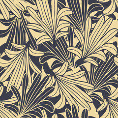 Vector yellow gold leaves, palms seamless pattern