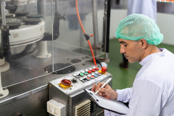 Machine engineers inspect machines and sterilizers in food factories or factory drinking water...