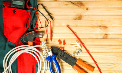 carpenter with tools concept, top view, above over wooden background