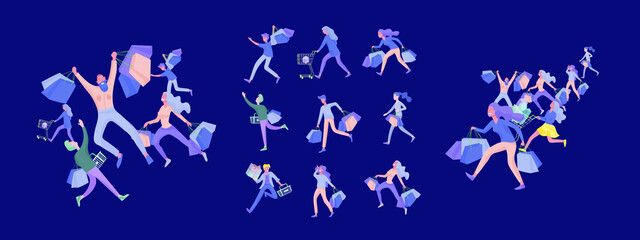 Collection of people carrying shopping bags with purchases. Madness on sale, line of crazy Men and women taking part in seasonal sale at store, shop, mall. Cartoon characters concept for black friday.