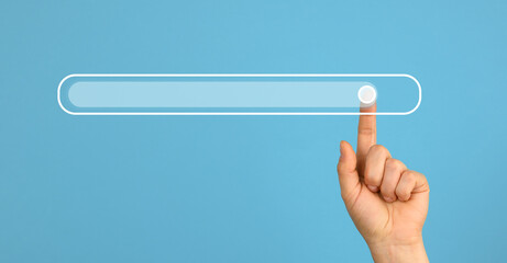 female hand with a raised forefinger and a virtual loading bar. Abstract future background