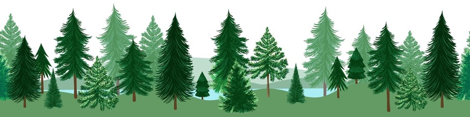 .Hand draw forest landscape with fir trees. Vector border seamless pattern.  Forest evergreen background. Cartoon style..