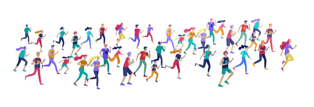 People Marathon Running Sport race sprint, concept illustration running men and women wearing sportswer in landscape. Jogging at Training. Healthy Active Speed Exercise. Cartoon Vector Illustration