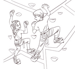 A girl and a boy climbers climb an artificial mountain. Coloring book anti stress design for kids and adults. Illustration isolated on white background. Kids sports workout entertainment line