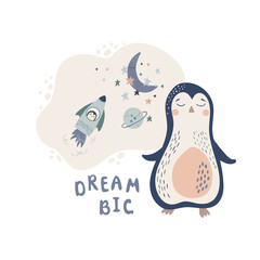 Baby vector cartoon illustration in simple hand drawn Scandinavian style. Funny composition with penguin character, stars, rocket, planet and moon. Good for decorating nursery, clothes, baby shower.