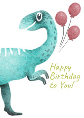 Baby birthday card. Cute dino with pink balloons smiles, celebration, fun, gifts. Funny greeting card for kids