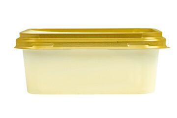 Isolated plastic packaging of butter with clipping path on white background