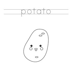 Tracing letters with cute kawaii potato. Writing practice for kids.