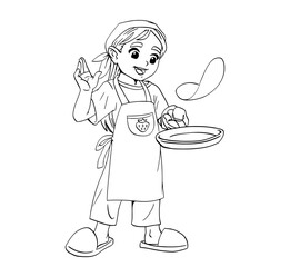 Girl chef prepares pancakes food in a frying pan. A child in a chef s hat. Coloring book realistic with black lines. Vector in cartoon childish style. Isolated art on a white background. Cute print.