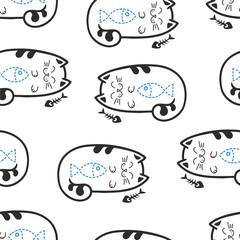 The cat ate the fish. Fat cats or kittens. Seamless background.