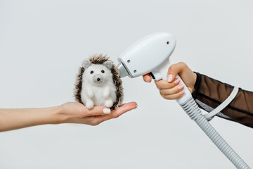 Laser hair removal and epilation concept: beautician applying laser maniple to hedgehog needles. Conceptual photo about unwanted hair in bikini zone - obrazy, fototapety, plakaty